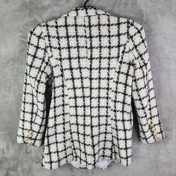 Womens Shein Black White & Gold Checkered Tweed Blazer Jacket Double Breasted L - Picture 8 of 11